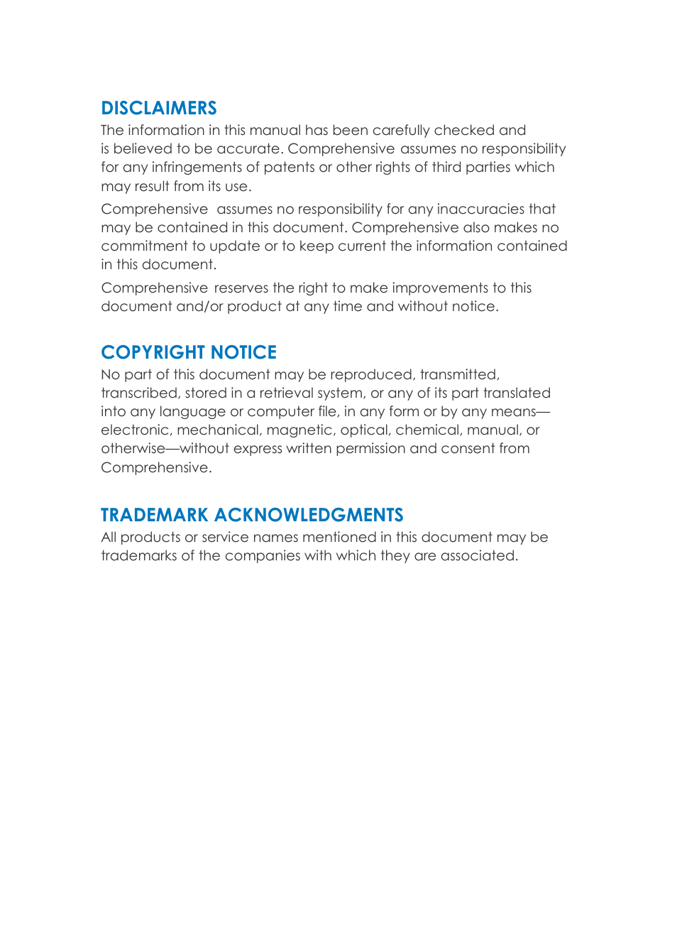 Disclaimers, Copyright notice, Trademark acknowledgments | Comprehensive CSC-750 User Manual | Page 2 / 18