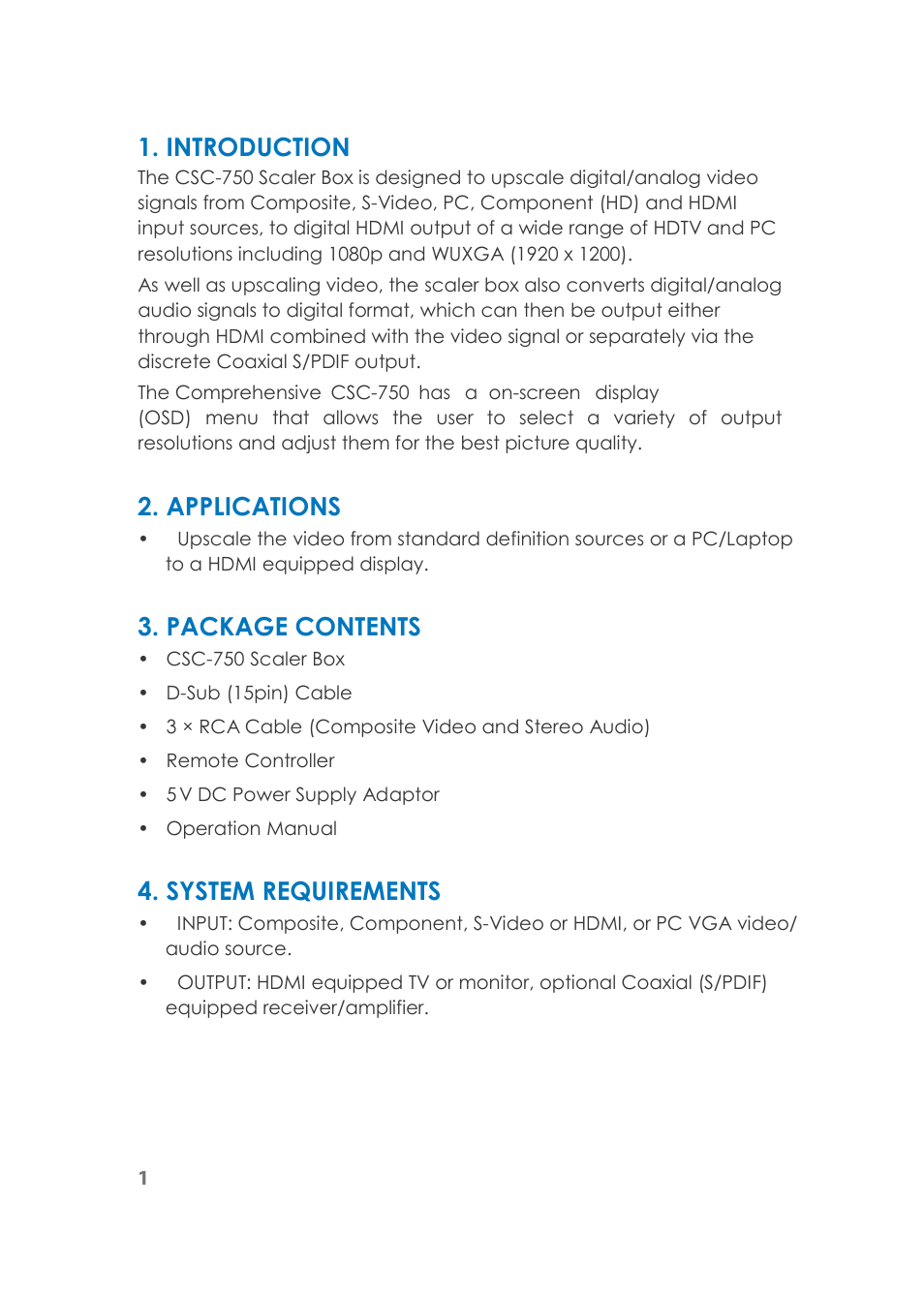 Introduction, Applications, Package contents | System requirements | Comprehensive CSC-750 User Manual | Page 5 / 18