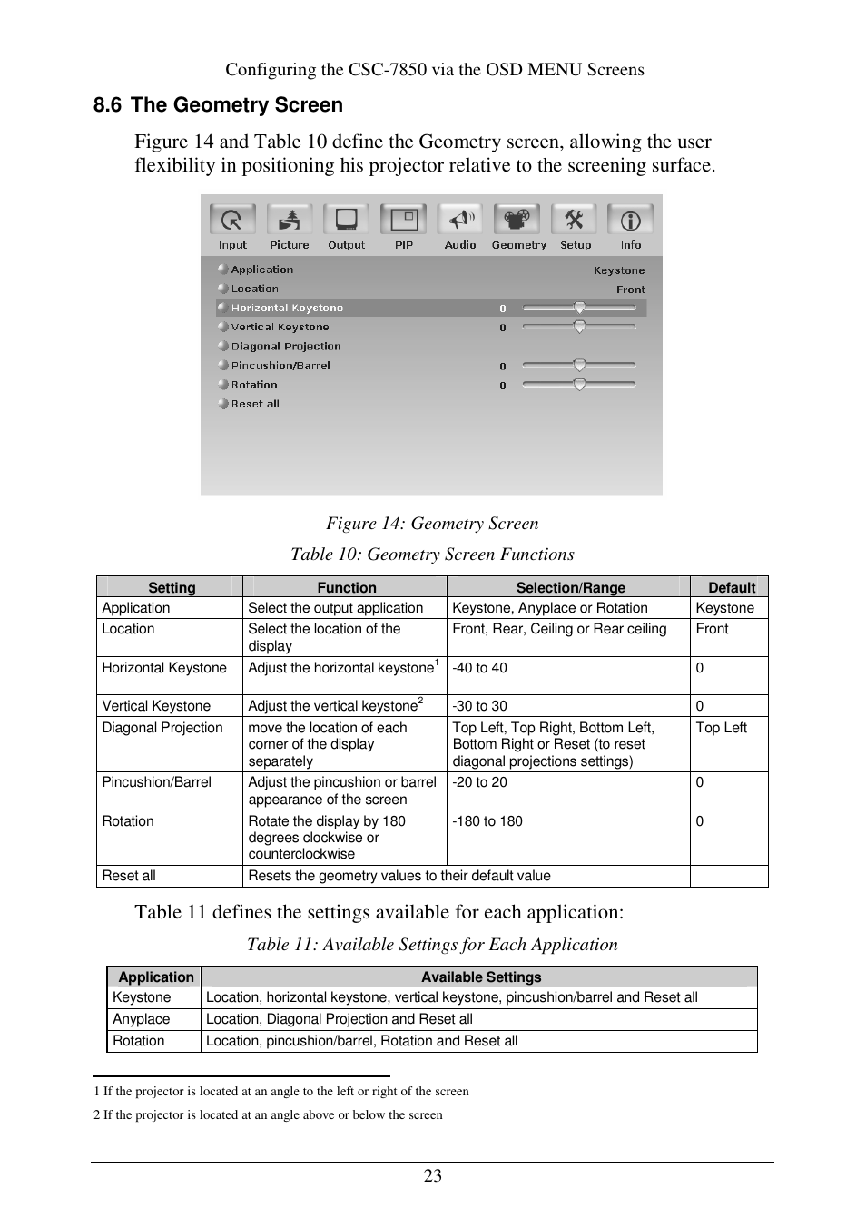 Configuring the csc-7850 via the osd menu screens, Table 11: available settings for each application | Comprehensive CSC-7850 User Manual | Page 26 / 46
