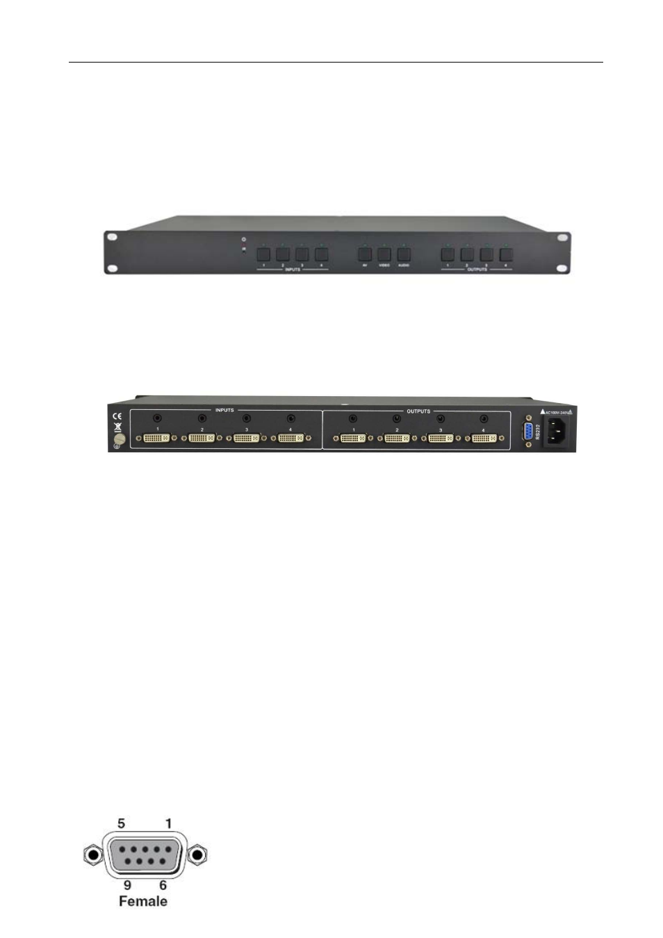 Front view and rear view of the product, Front view of csw-dvi440a, Rear view of csw-dvi440a | External connection, Introduction of the input and output connectors, Connection of rs-232 communication port, Connection with control system, 1 front view of csw-dvi440a, 2 rear view of csw-dvi440a, 1 introduction of the input and output connectors | Comprehensive CSW-DVI440A User Manual | Page 5 / 16