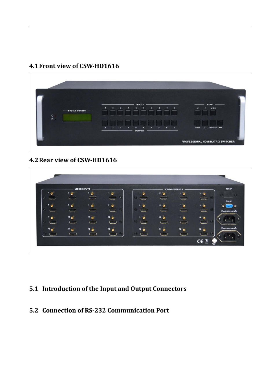 Front view and rear view of the product, Front view of csw-hd1616, Rear view of csw-hd1616 | External connection, Introduction of the input and output connectors, Connection of rs-232 communication port, Connection with control system | Comprehensive CSW-HD1616 User Manual | Page 6 / 18