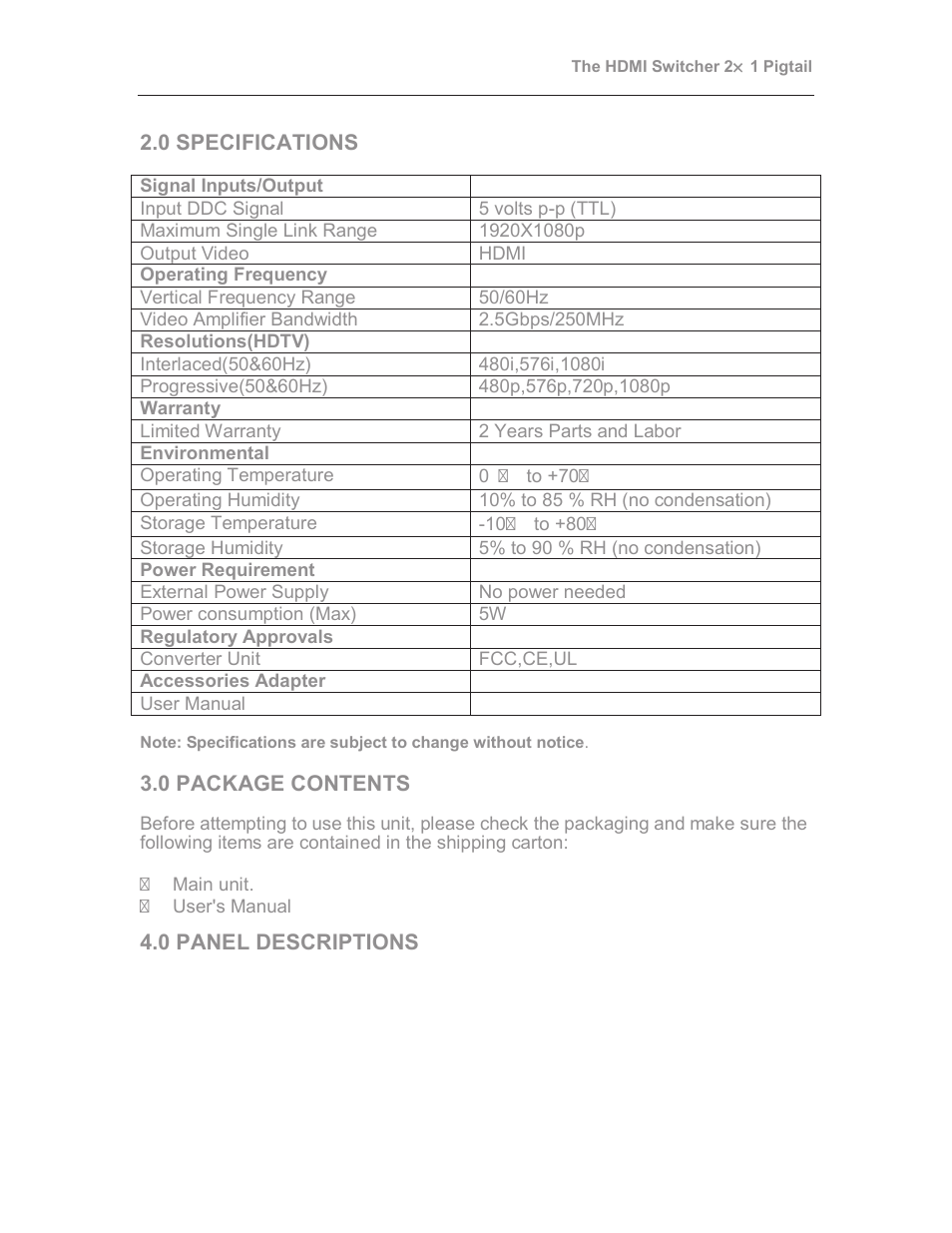 0 specifications, 0 package contents, 0 panel descriptions | Comprehensive CSW-HD201C User Manual | Page 3 / 4