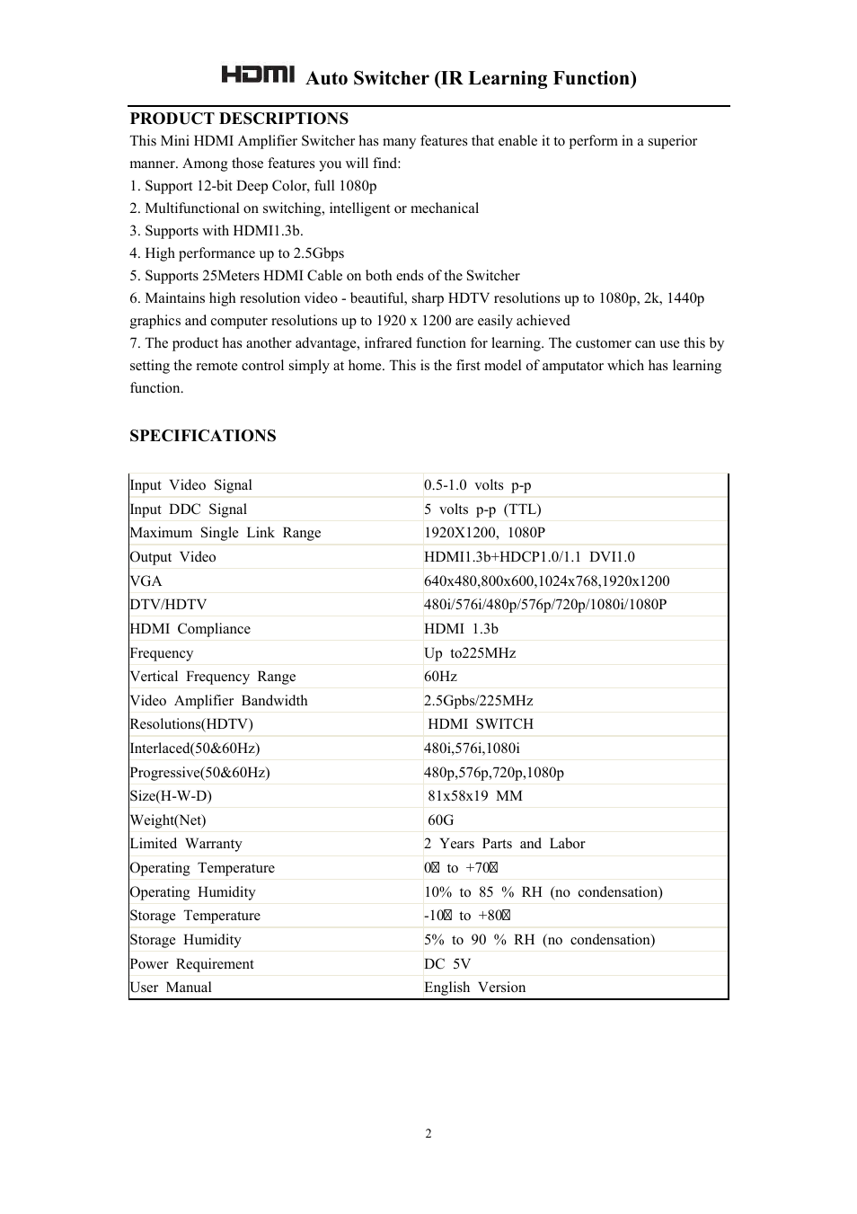 Auto switcher (ir learning function) | Comprehensive CSW-HD301C User Manual | Page 2 / 4