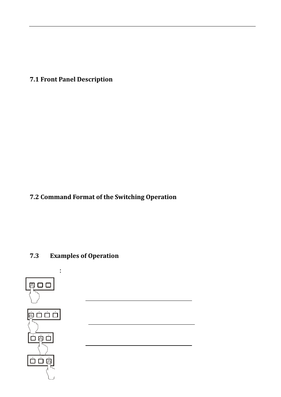 Operation of the control panel, 1 front panel description, 2 command format of the switching operation | Examples of operation, 3 examples of operation | Comprehensive CSW-HD880 User Manual | Page 10 / 16