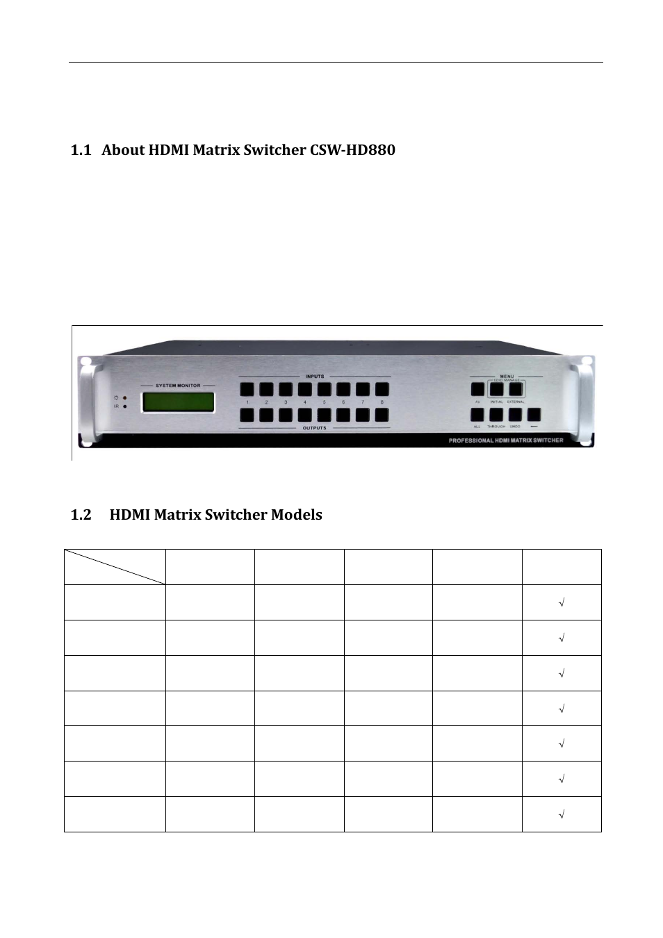 About hdmi matrix switcher csw-hd880, Hdmi matrix switcher models, 1 about hdmi matrix switcher csw-hd880 | 2 hdmi matrix switcher models | Comprehensive CSW-HD880 User Manual | Page 4 / 16
