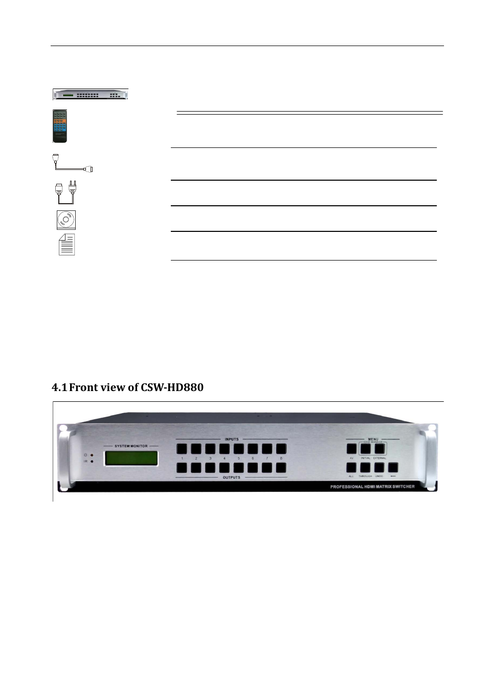 Mhd packing of the product, Csw-hd880 installation, Front view and rear view of the product | Front view of csw-hd880, 1 front view of csw-hd880 | Comprehensive CSW-HD880 User Manual | Page 5 / 16