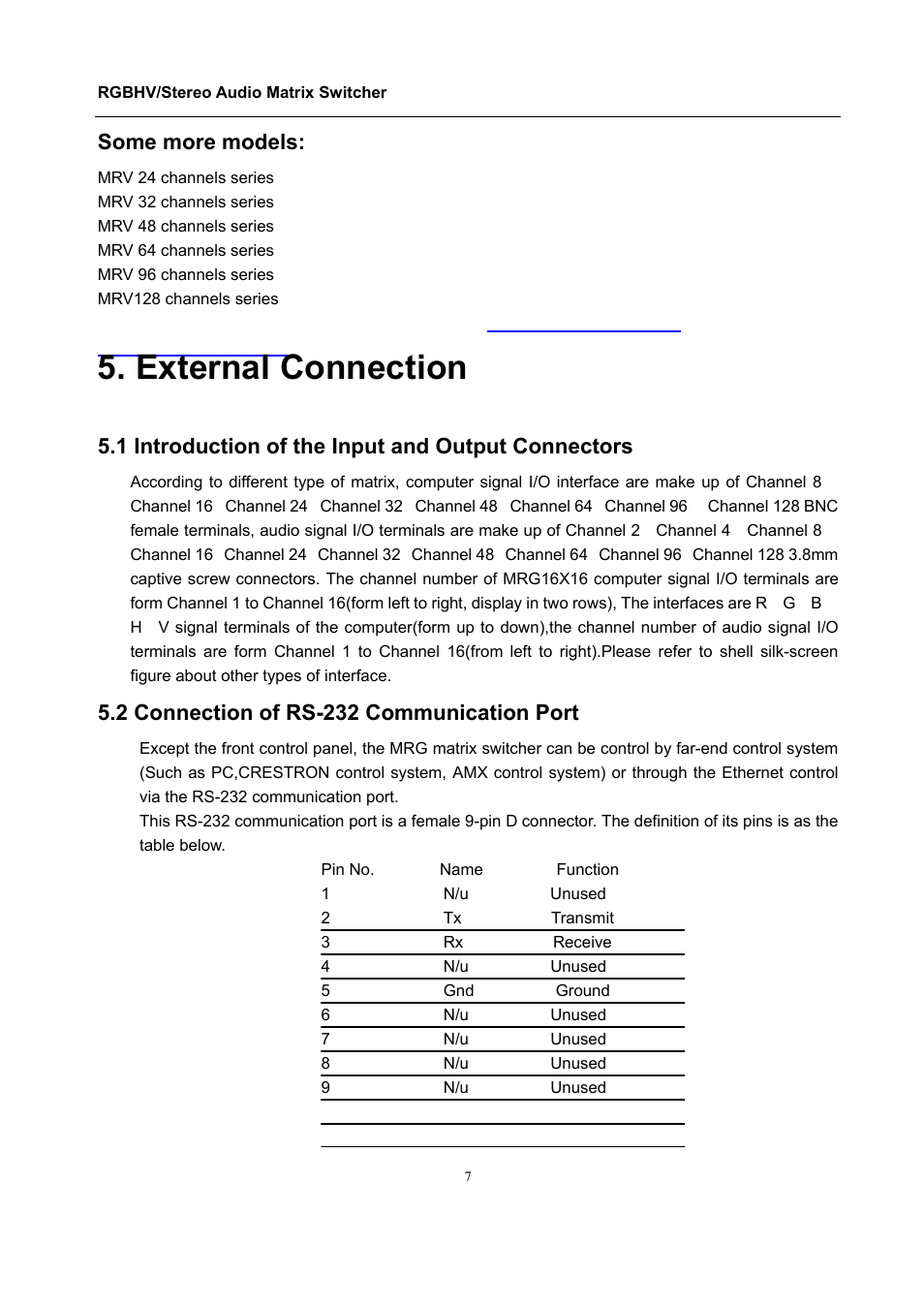 External connection, Some more models, 1 introduction of the input and output connectors | 2 connection of rs-232 communication port | Comprehensive CSW-RGBHV88A User Manual | Page 11 / 20