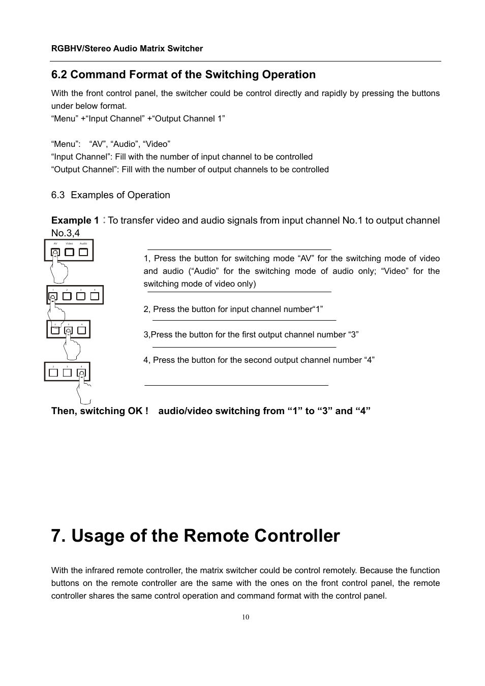 Usage of the remote controller, 2 command format of the switching operation, Rgbhv/stereo audio matrix switcher | Comprehensive CSW-RGBHV88A User Manual | Page 14 / 20