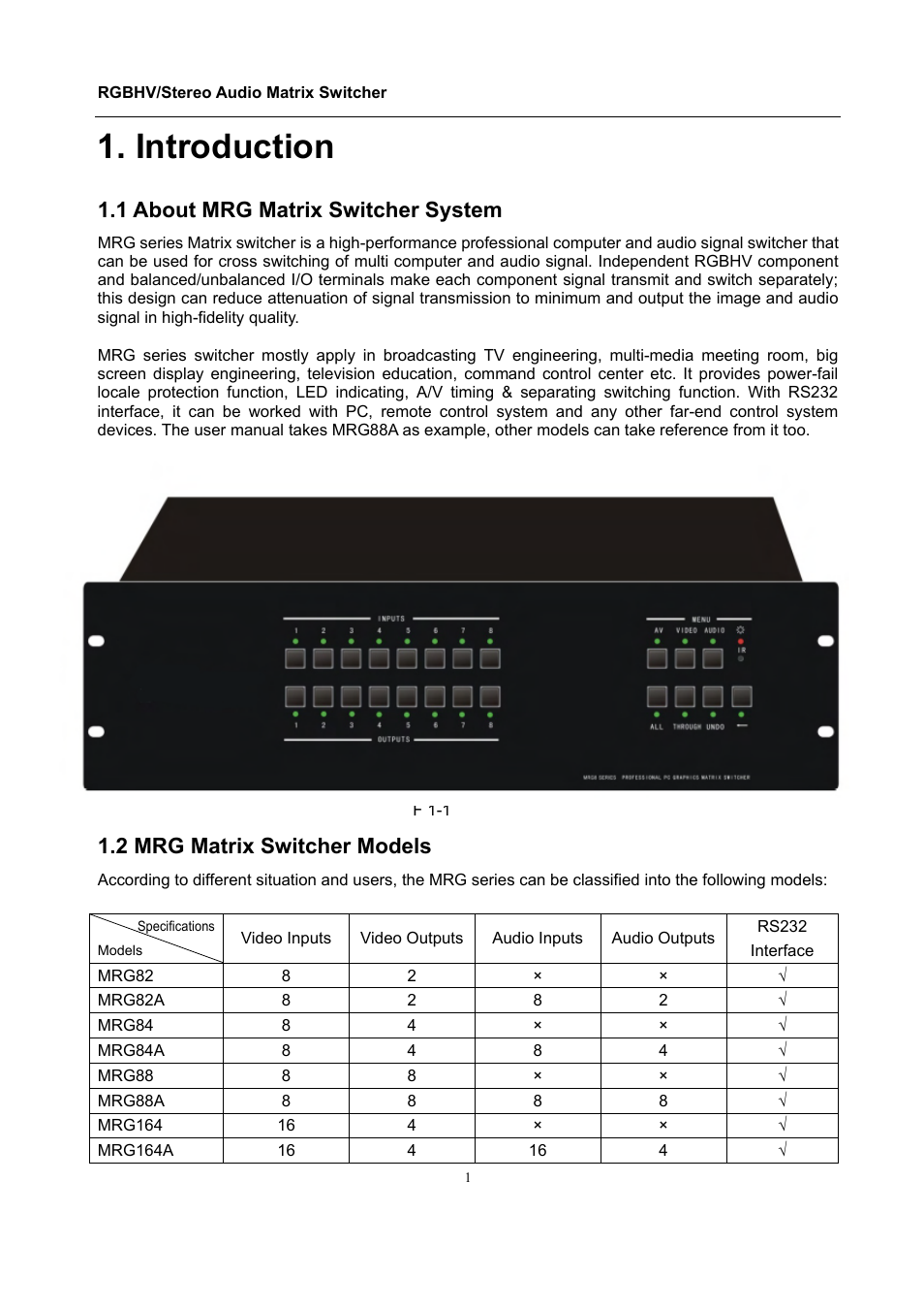 Introduction, 1 about mrg matrix switcher system, 2 mrg matrix switcher models | Comprehensive CSW-RGBHV88A User Manual | Page 5 / 20