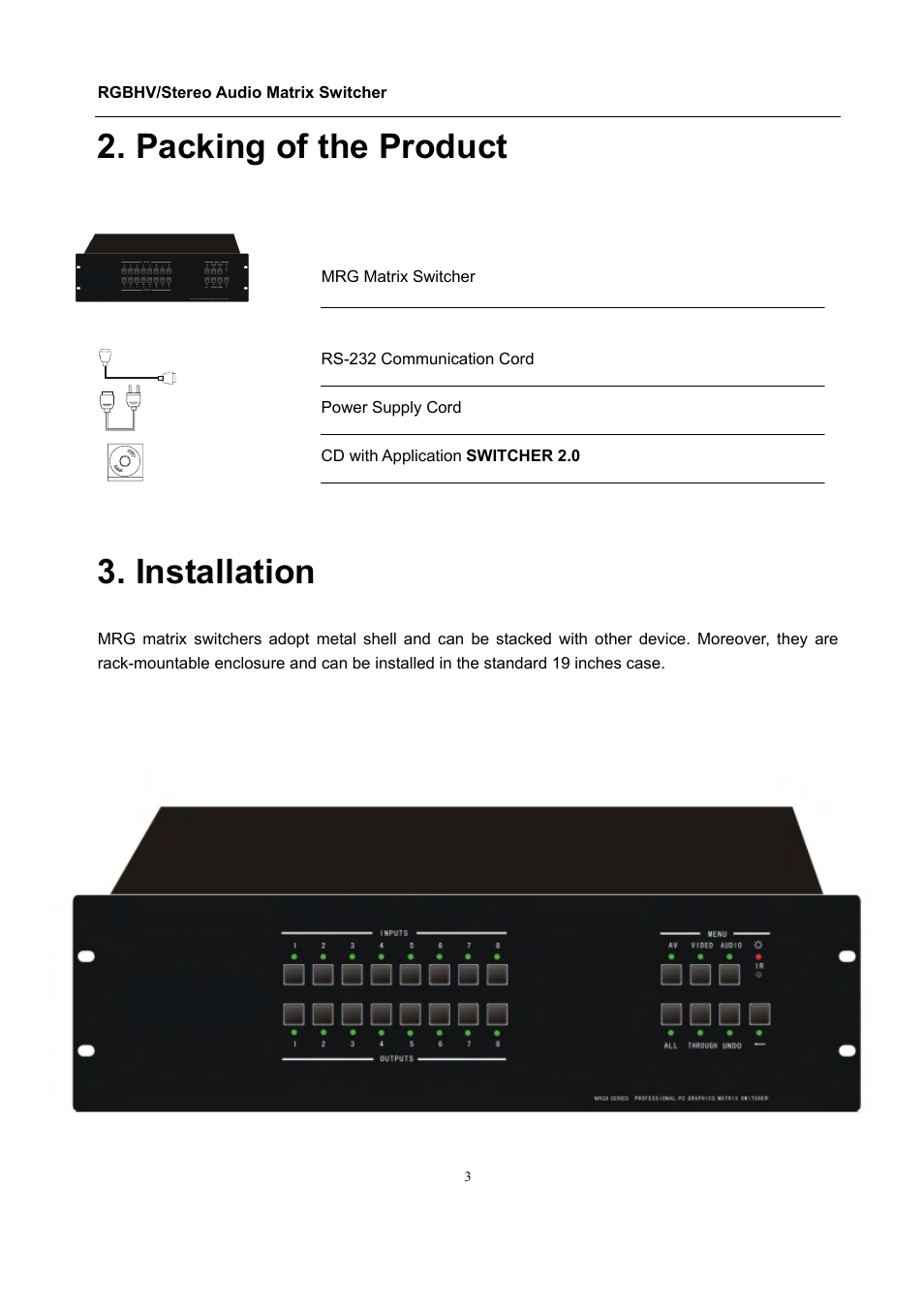 Packing of the product, Installation | Comprehensive CSW-RGBHV88A User Manual | Page 7 / 20