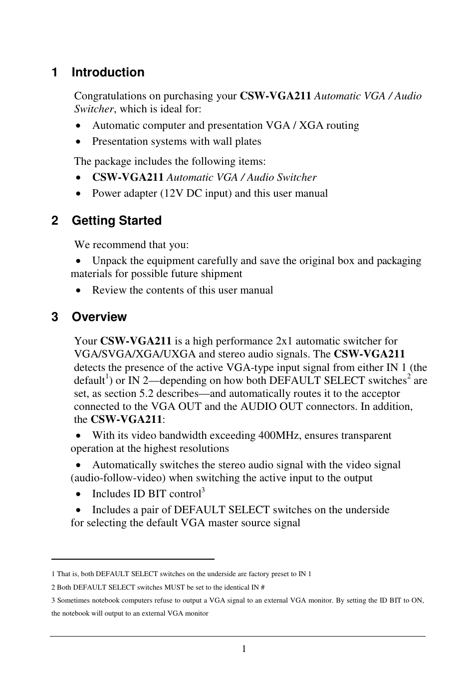 1 introduction, 2 getting started, 3 overview | Comprehensive CSW-VGA211 User Manual | Page 3 / 11