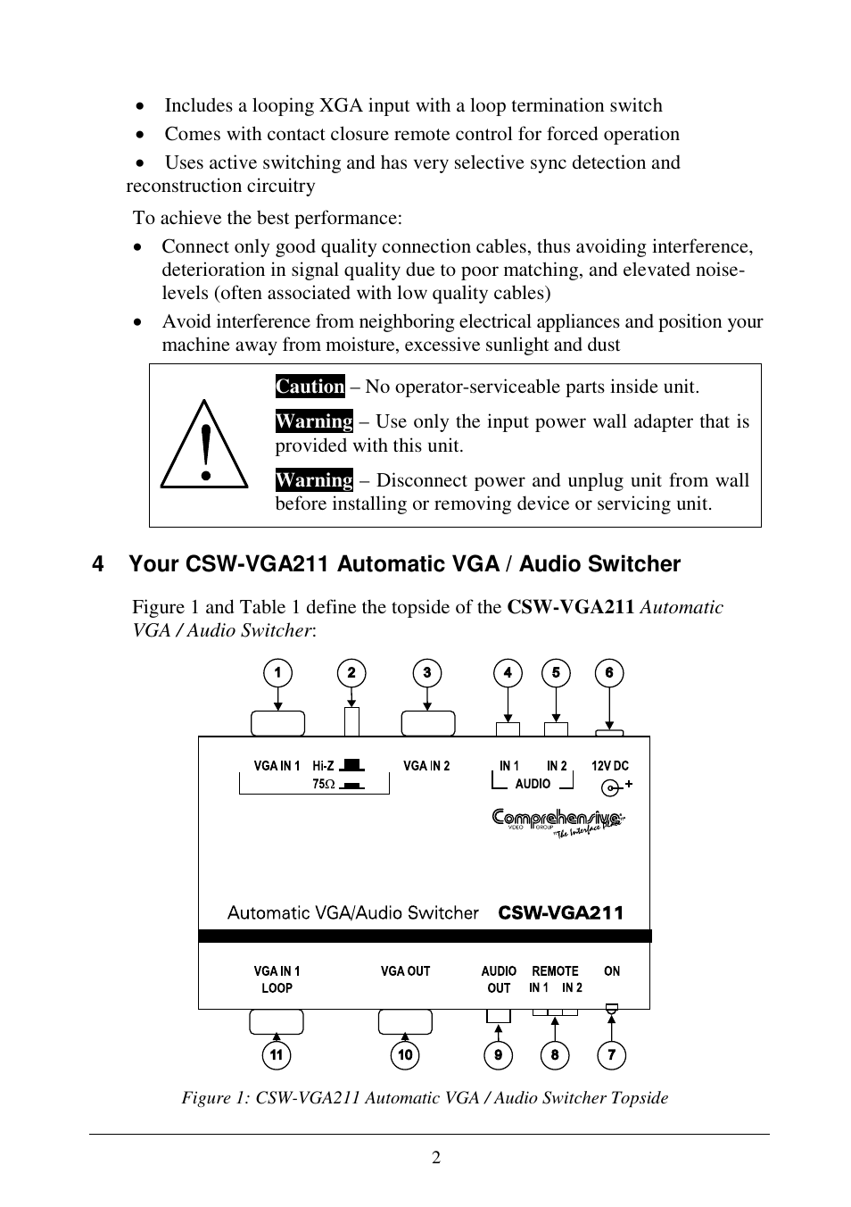 4 your csw-vga211 automatic vga / audio switcher | Comprehensive CSW-VGA211 User Manual | Page 4 / 11