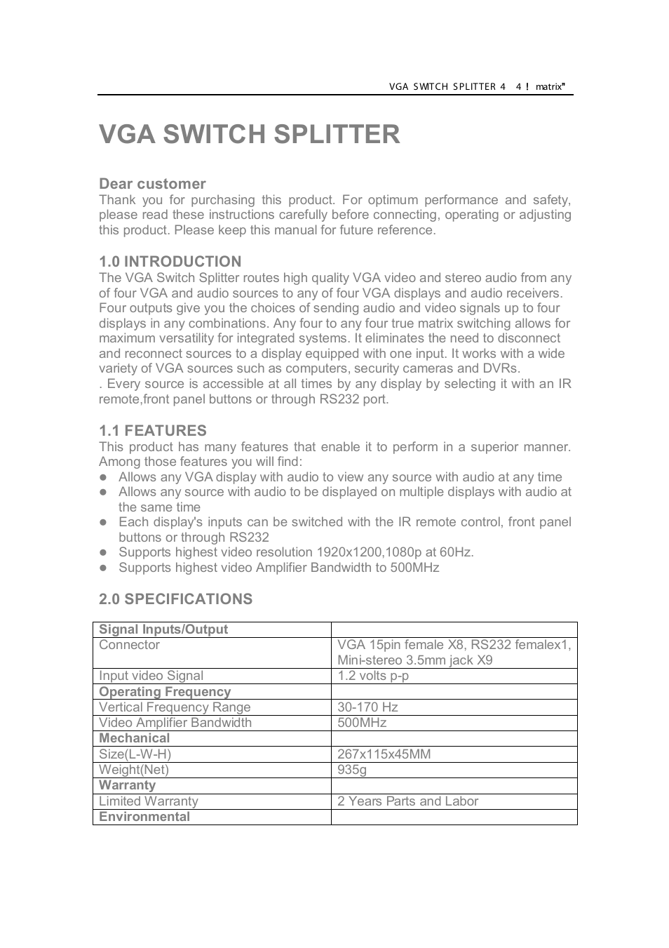 Vga switch splitter | Comprehensive CSW-VGA440A User Manual | Page 2 / 6