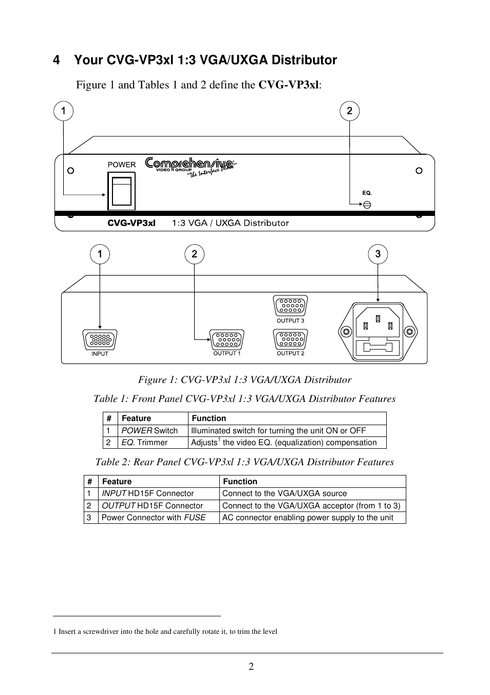 4 your cvg-vp3xl 1:3 vga/uxga distributor, Figure 1 and tables 1 and 2 define the cvg-vp3xl | Comprehensive CVG-VP3xl User Manual | Page 4 / 7