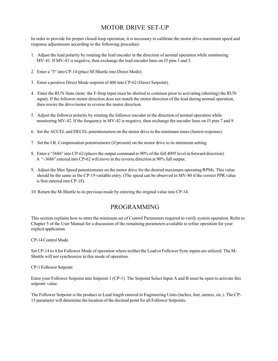Motor drive set-up, Programming | CONTREX M-Shuttle User Manual | Page 2 / 4
