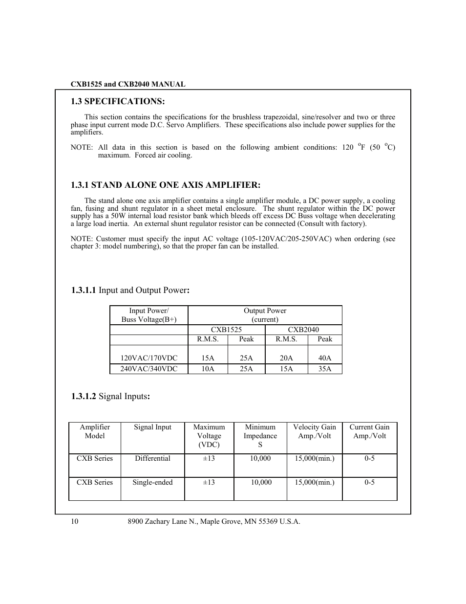 3 specifications -12, Stand-alone, Axis amplifier -11 | Input, Output power, Signal, Inputs | CONTREX CXB2040 User Manual | Page 13 / 52