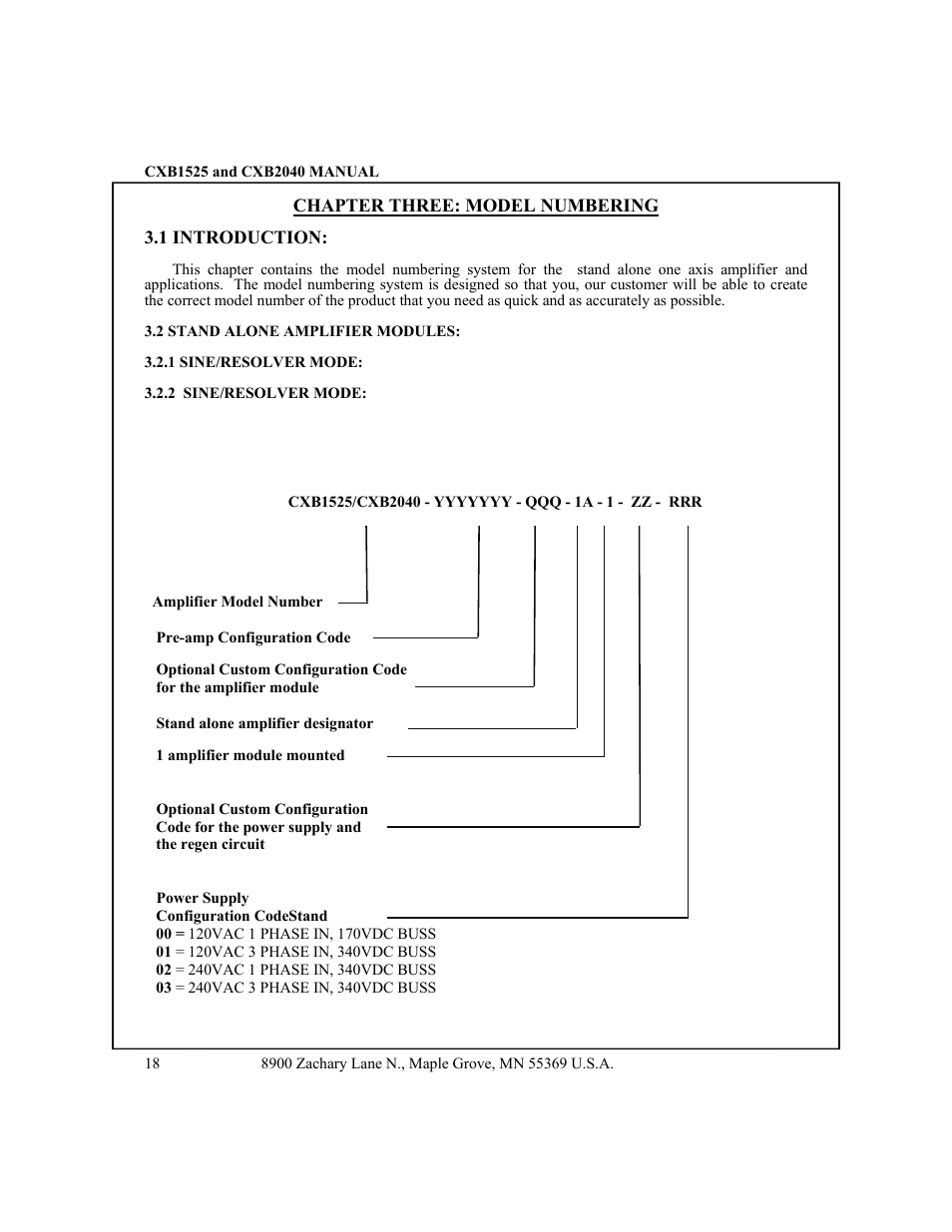 1 introduction, 2 stand alone amplifier -19, Sine/resolver mode -19 | Chapter three: model numbering | CONTREX CXB2040 User Manual | Page 21 / 52