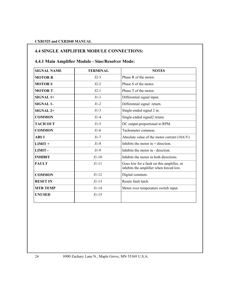 Single amplifier module connections -25, 1 main amplifier module - sine/resolver mode | CONTREX CXB2040 User Manual | Page 27 / 52