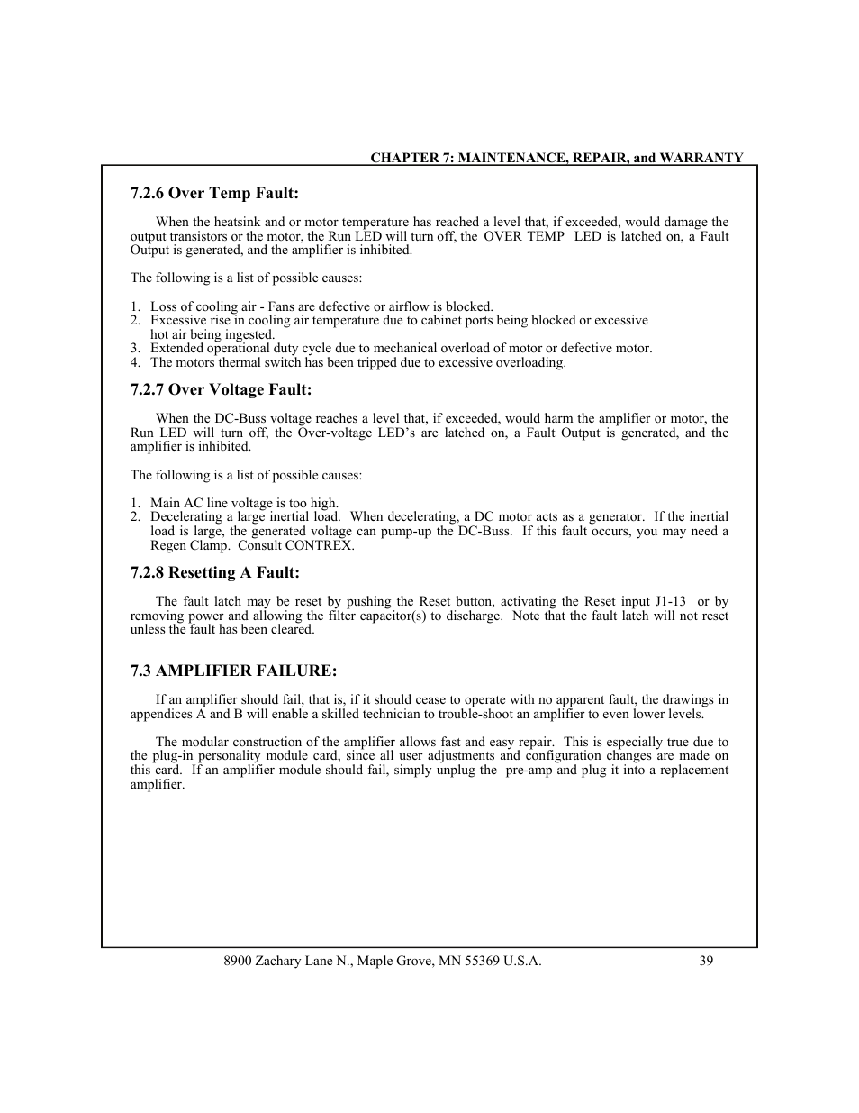 6 over temp fault, 7 over voltage fault, Resetting | A fault, 3 amplifier failure | CONTREX CXB2040 User Manual | Page 42 / 52