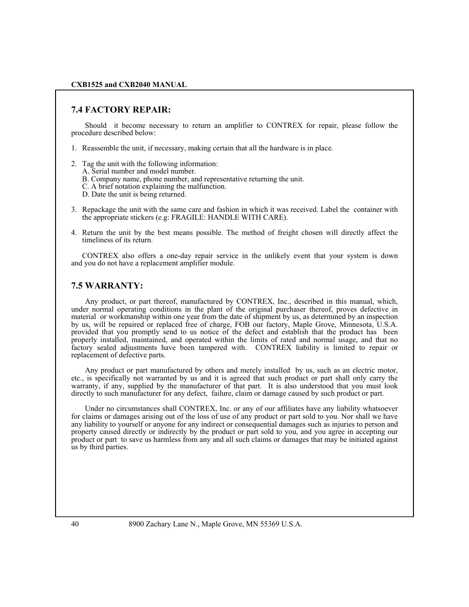 4 factory repair, 5 warranty | CONTREX CXB2040 User Manual | Page 43 / 52