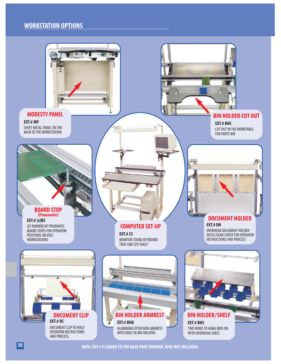 Workstation options, Modesty panel, Bin holder cut out | Bin holder armrest, Board stop, Bin holder/shelf, Computer set-up, Document clip, Document holder | Conveyor Technologies WORKSTATION OPTIONS User Manual | Page 3 / 3