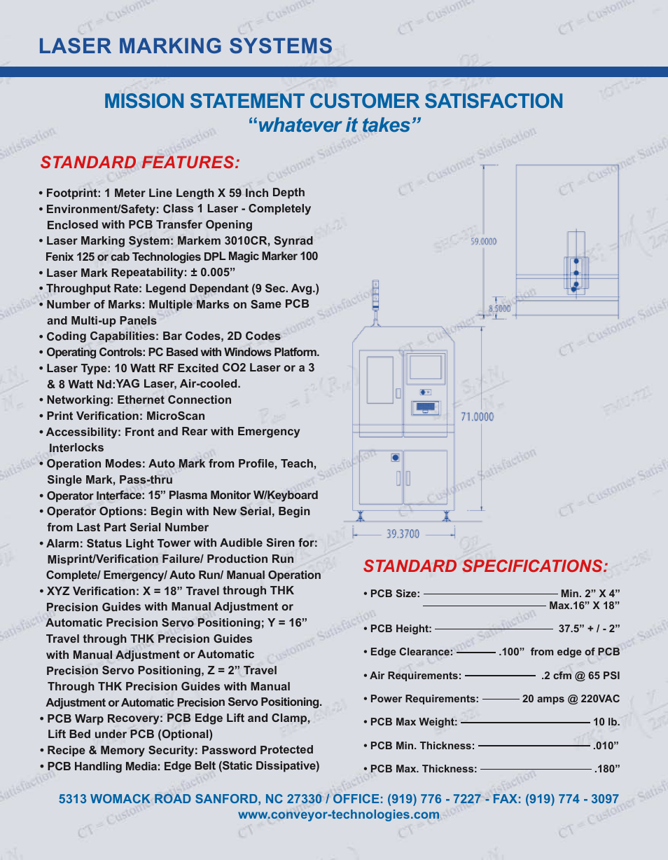 Laser marking systems, Standard features, Standard specifications | Conveyor Technologies LASER MARKER-1M User Manual | Page 4 / 4