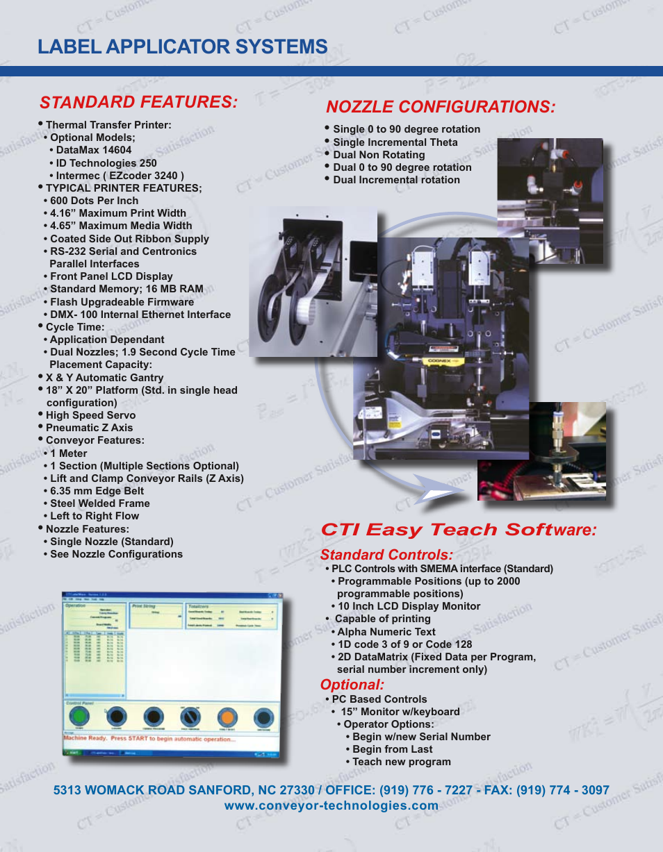 Label applicator systems, Standard features, Nozzle configurations | Cti easy teach software | Conveyor Technologies LABEL APPLICATOR User Manual | Page 3 / 4