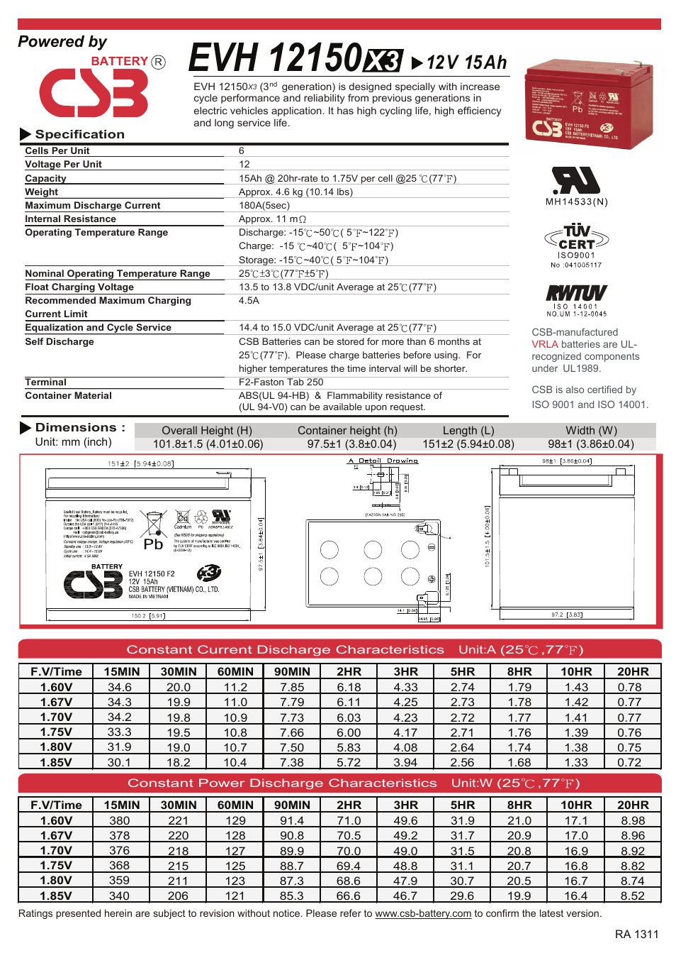 CSB Battery EVH12150 User Manual | 2 pages