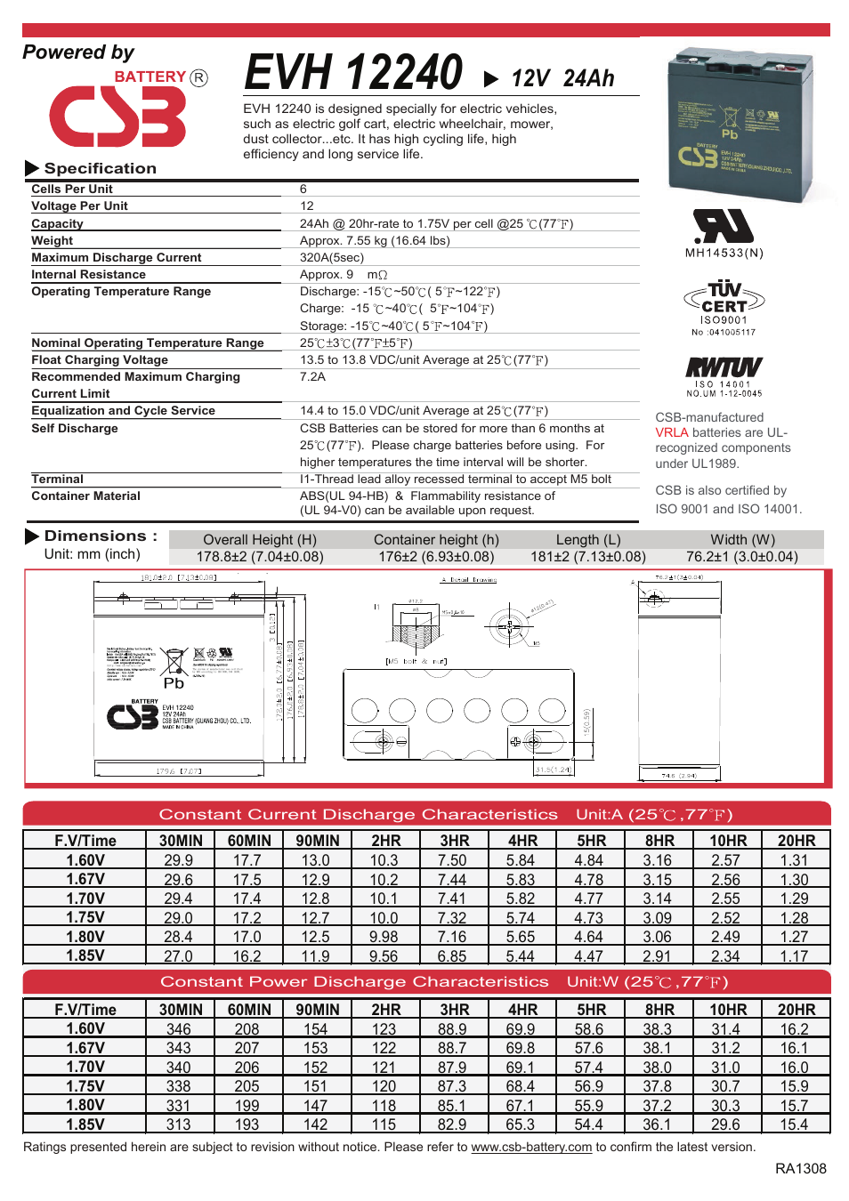 CSB Battery EVH12240 User Manual | 2 pages