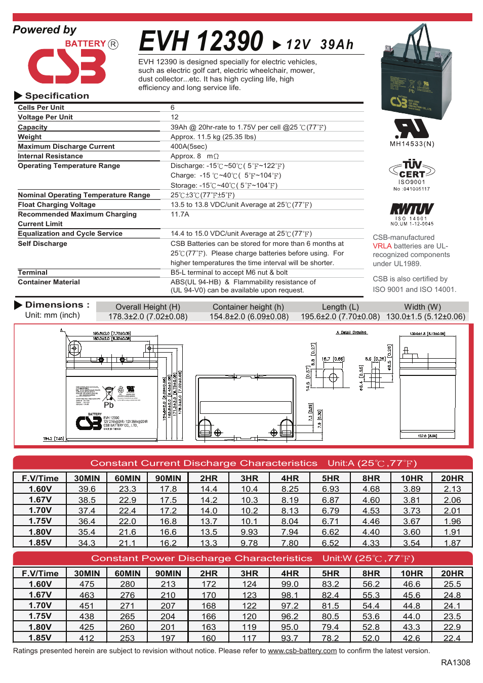 CSB Battery EVH12390 User Manual | 2 pages