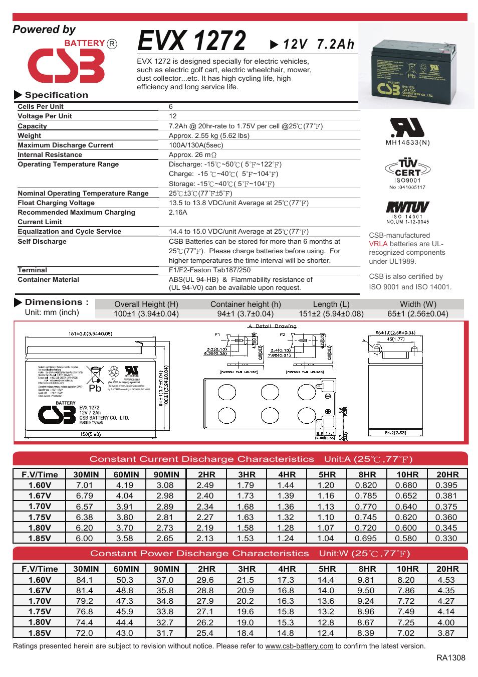CSB Battery EVX1272 User Manual | 2 pages