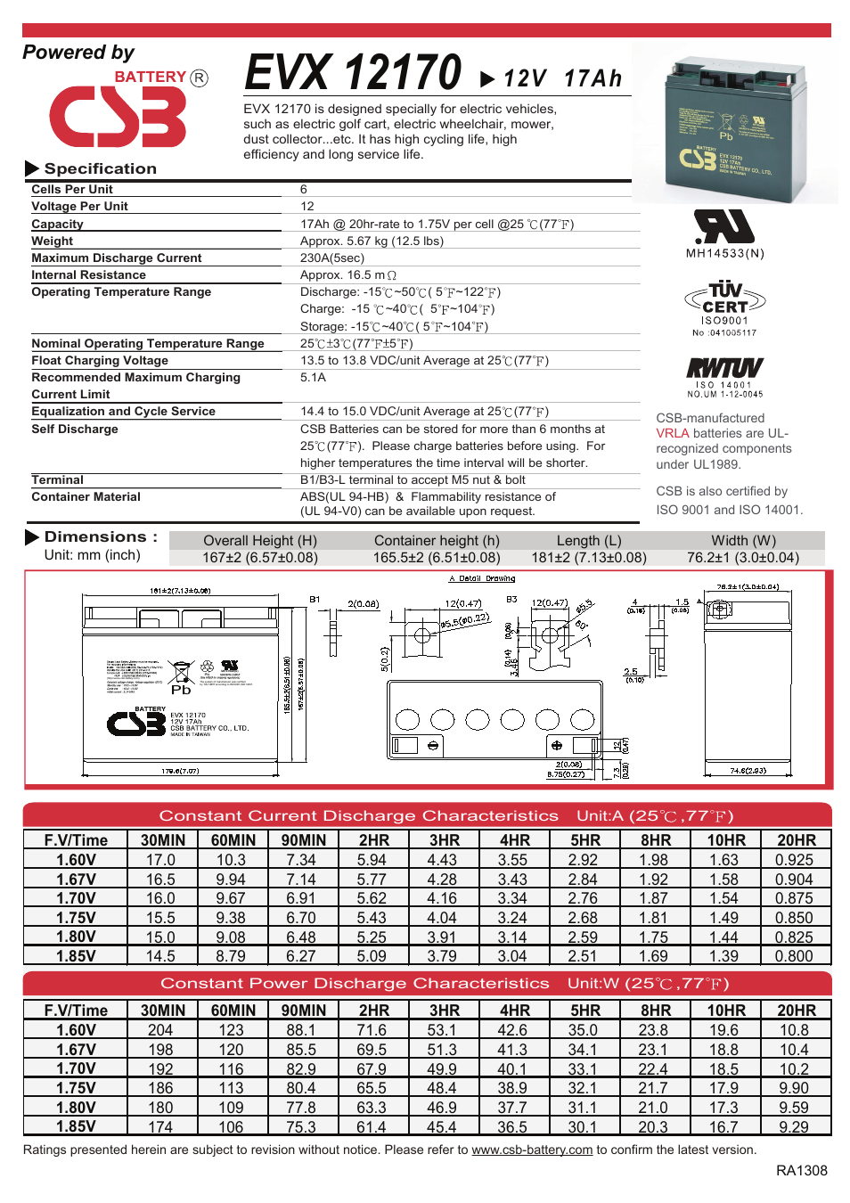 CSB Battery EVX12170 User Manual | 2 pages