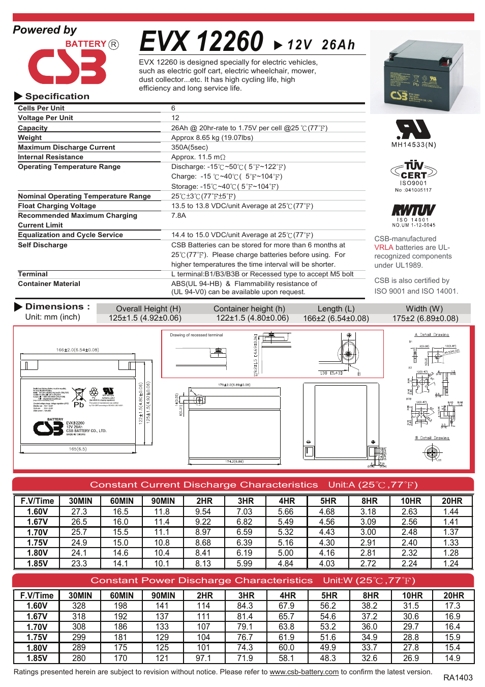 CSB Battery EVX12260 User Manual | 2 pages