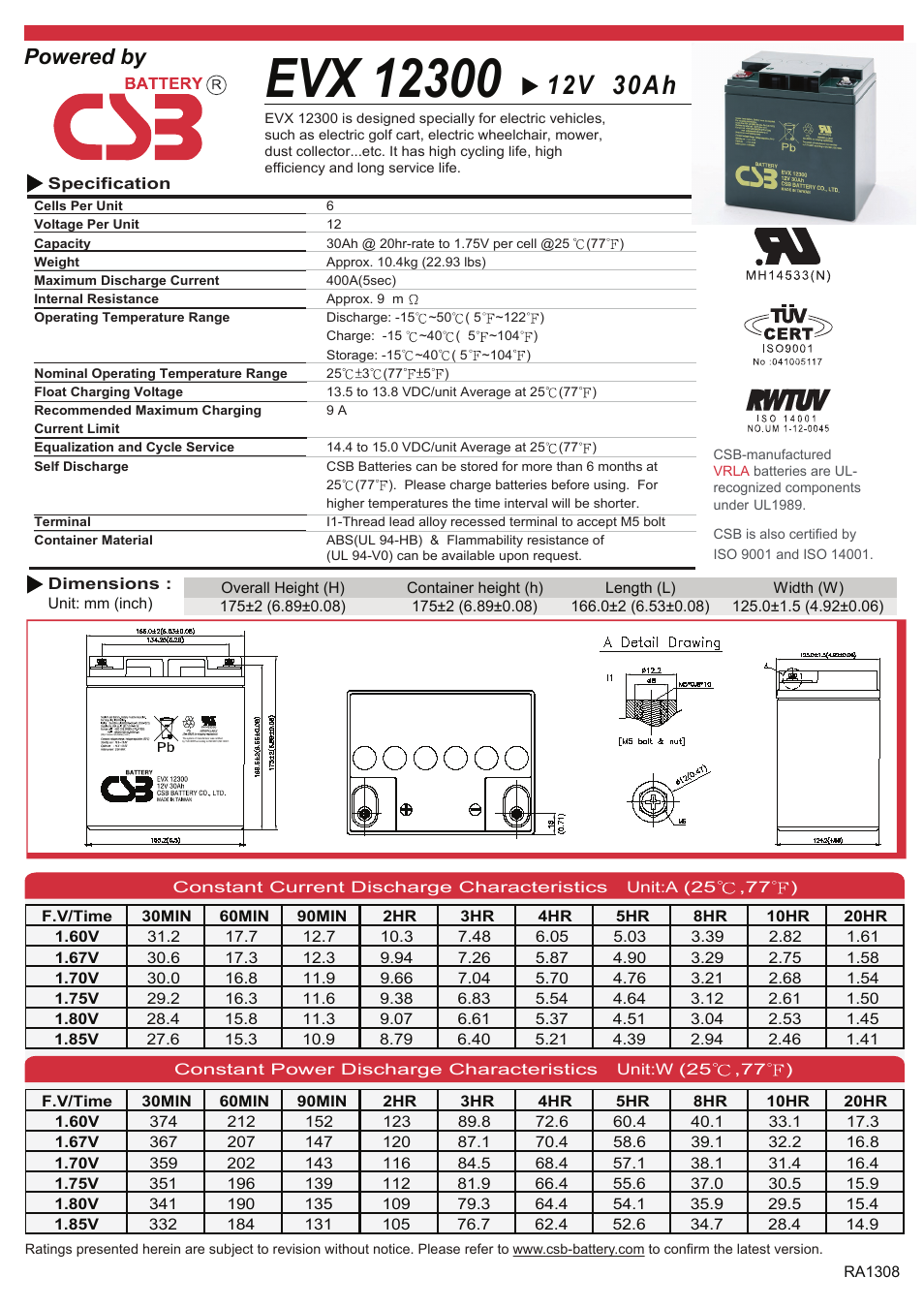 CSB Battery EVX12300 User Manual | 2 pages