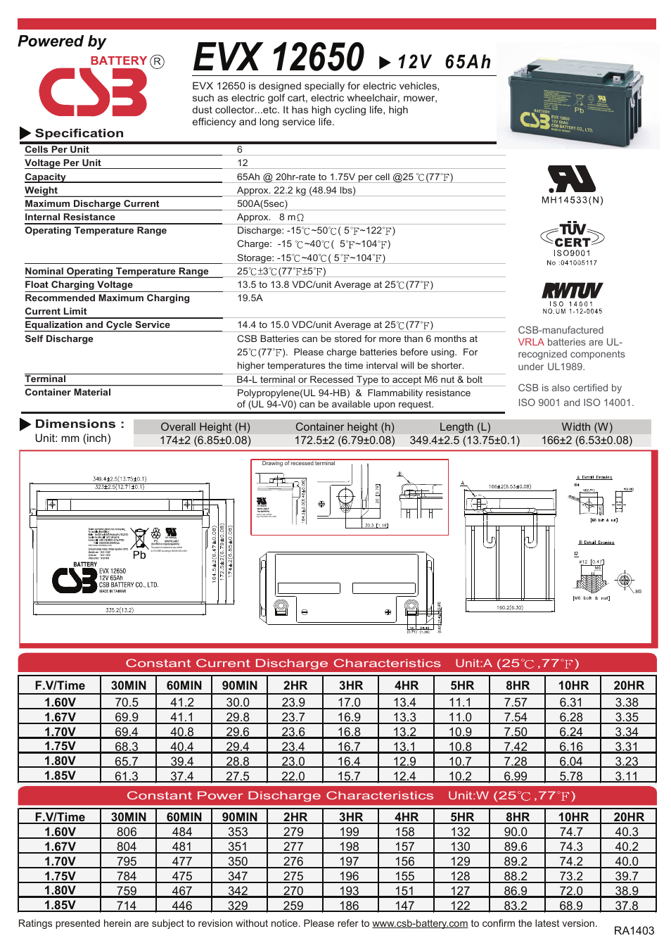 CSB Battery EVX12650 User Manual | 2 pages