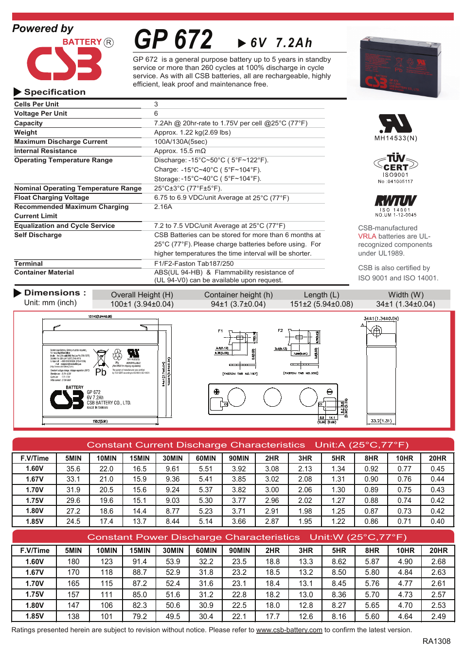 CSB Battery GP672 User Manual | 2 pages