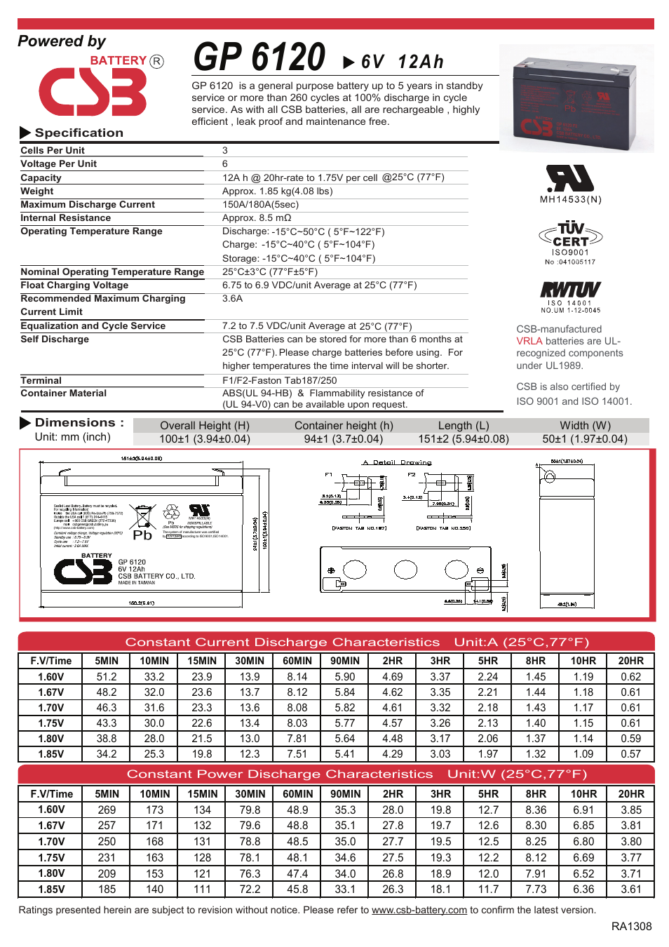 CSB Battery GP6120 User Manual | 2 pages