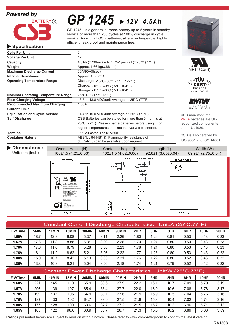 CSB Battery GP1245 User Manual | 2 pages