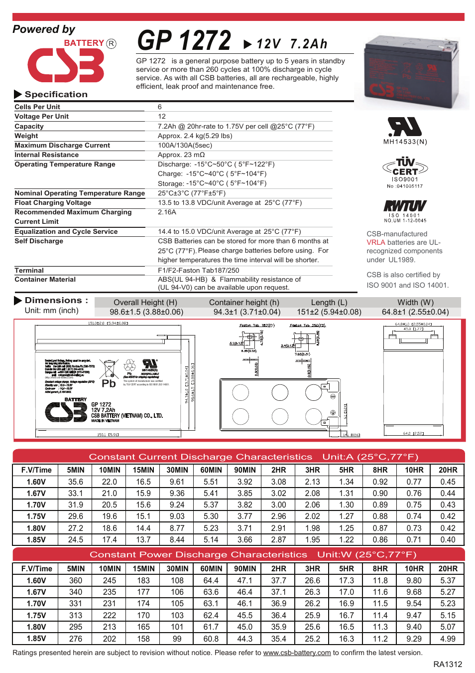 CSB Battery GP1272 User Manual | 2 pages