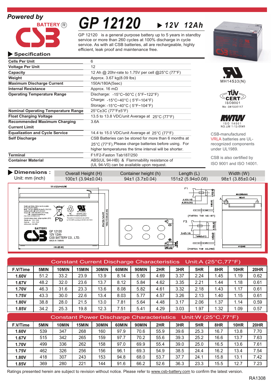 CSB Battery GP12120 User Manual | 2 pages