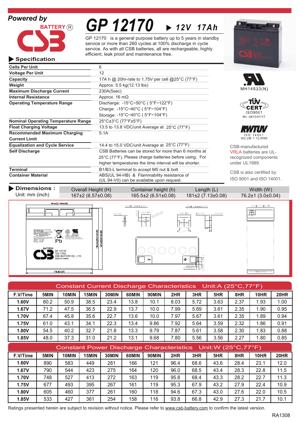 CSB Battery GP12170 User Manual | 2 pages