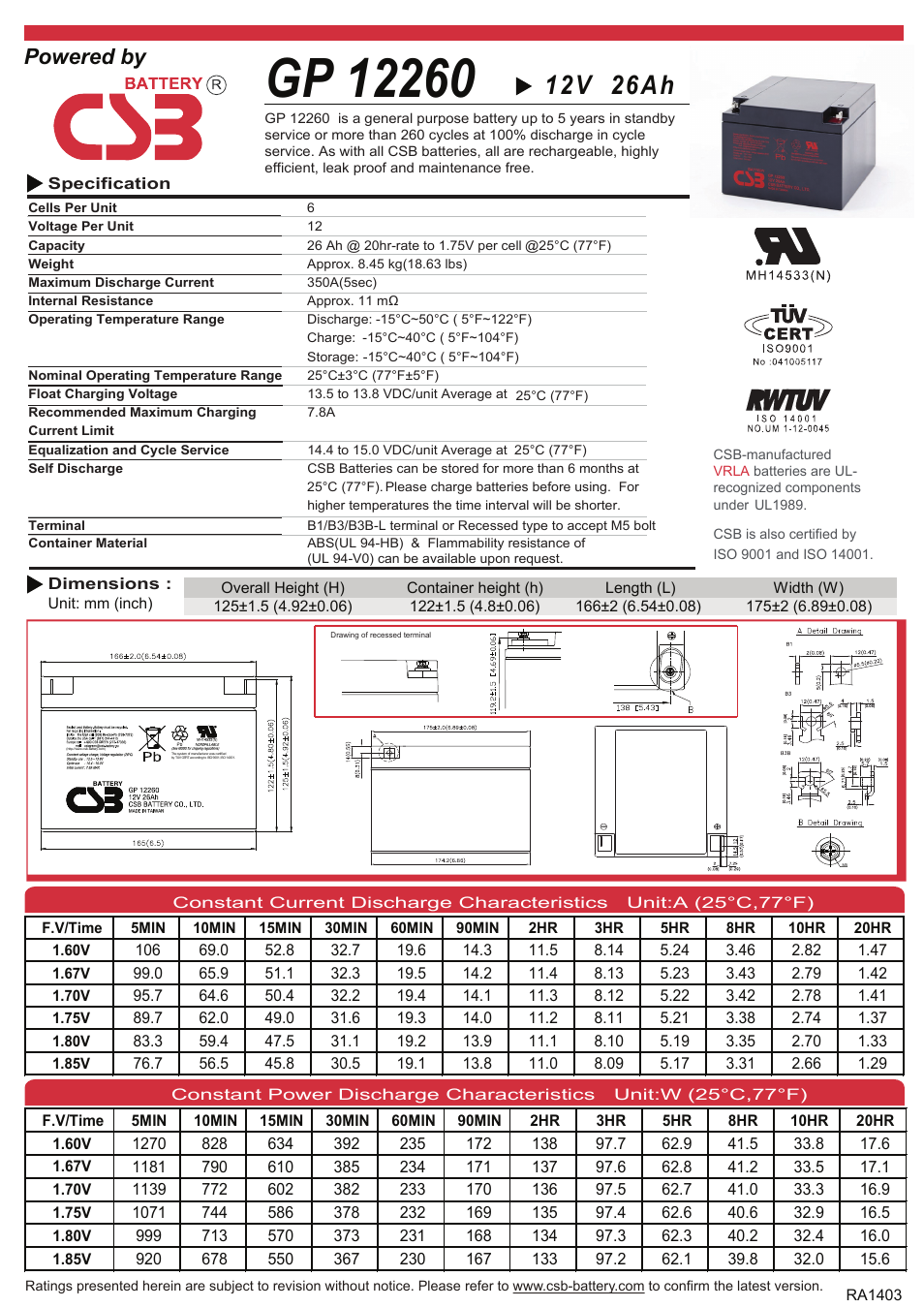 CSB Battery GP12260 User Manual | 2 pages