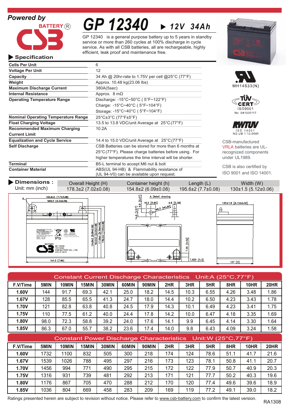 CSB Battery GP12340 User Manual | 2 pages