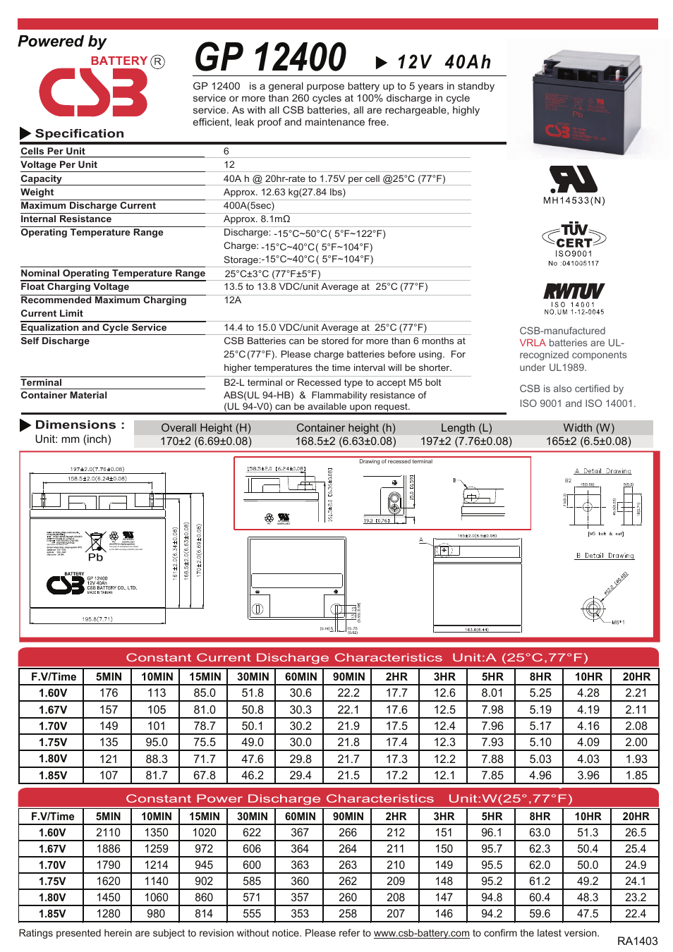 CSB Battery GP12400 User Manual | 2 pages