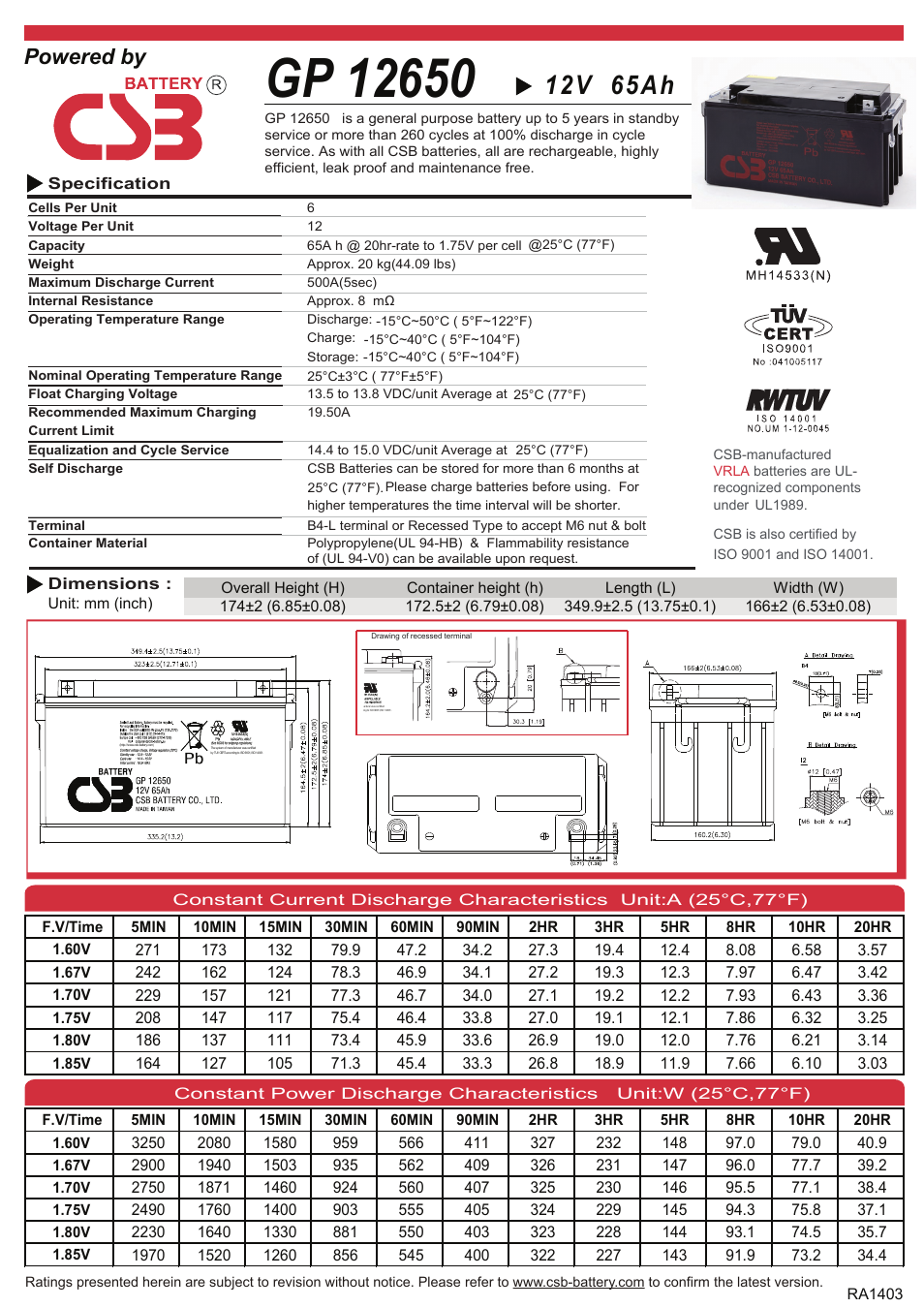 CSB Battery GP12650 User Manual | 2 pages