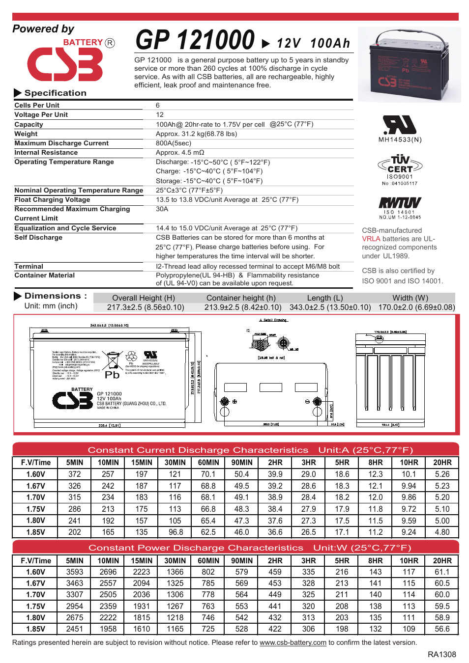 CSB Battery GP121000 User Manual | 2 pages