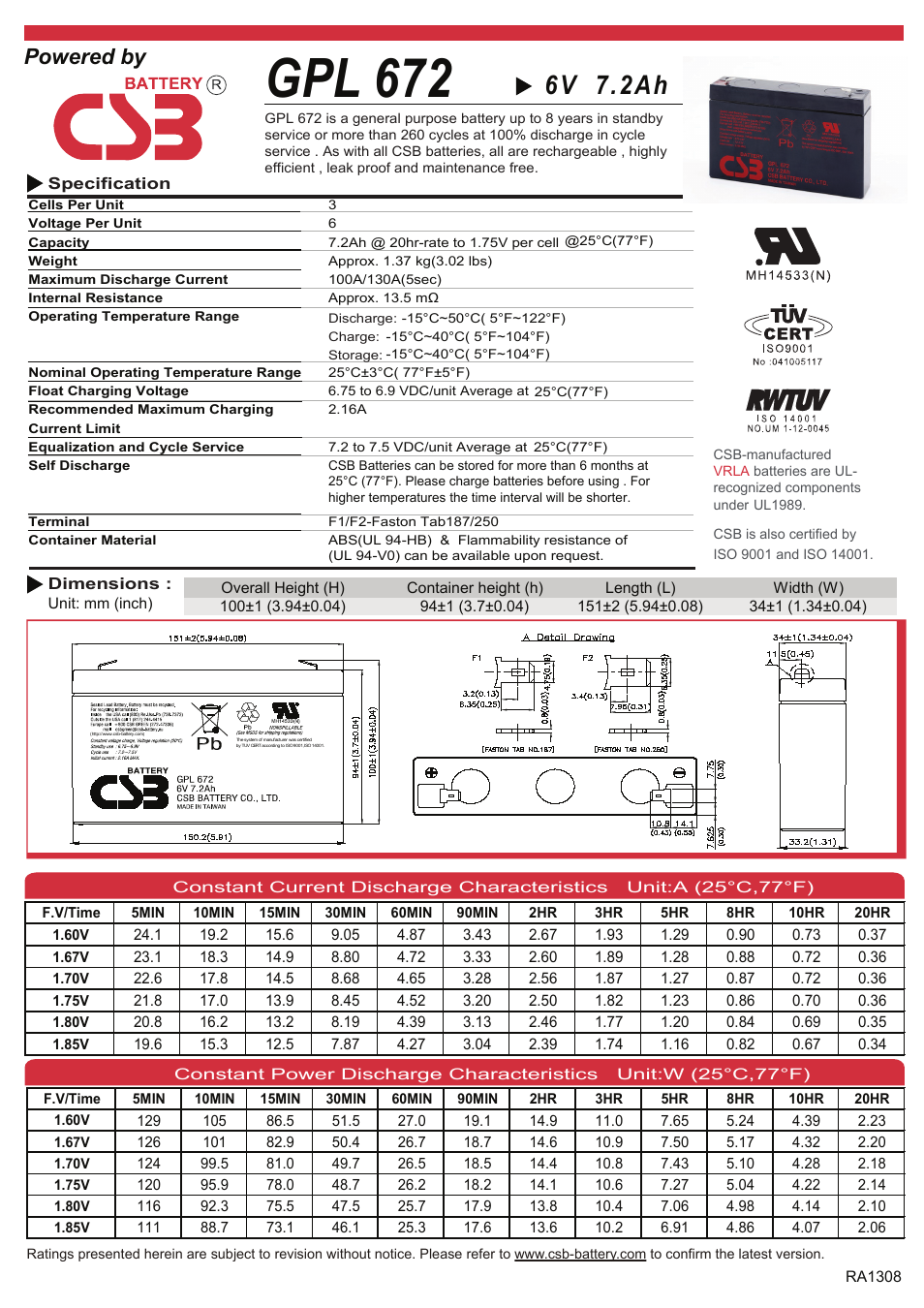 CSB Battery GPL672 User Manual | 2 pages