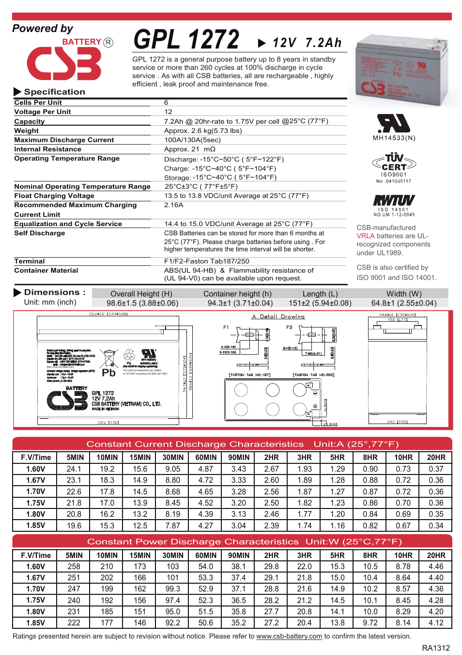 CSB Battery GPL1272 User Manual | 2 pages