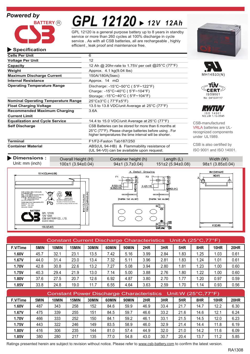 CSB Battery GPL12120 User Manual | 2 pages