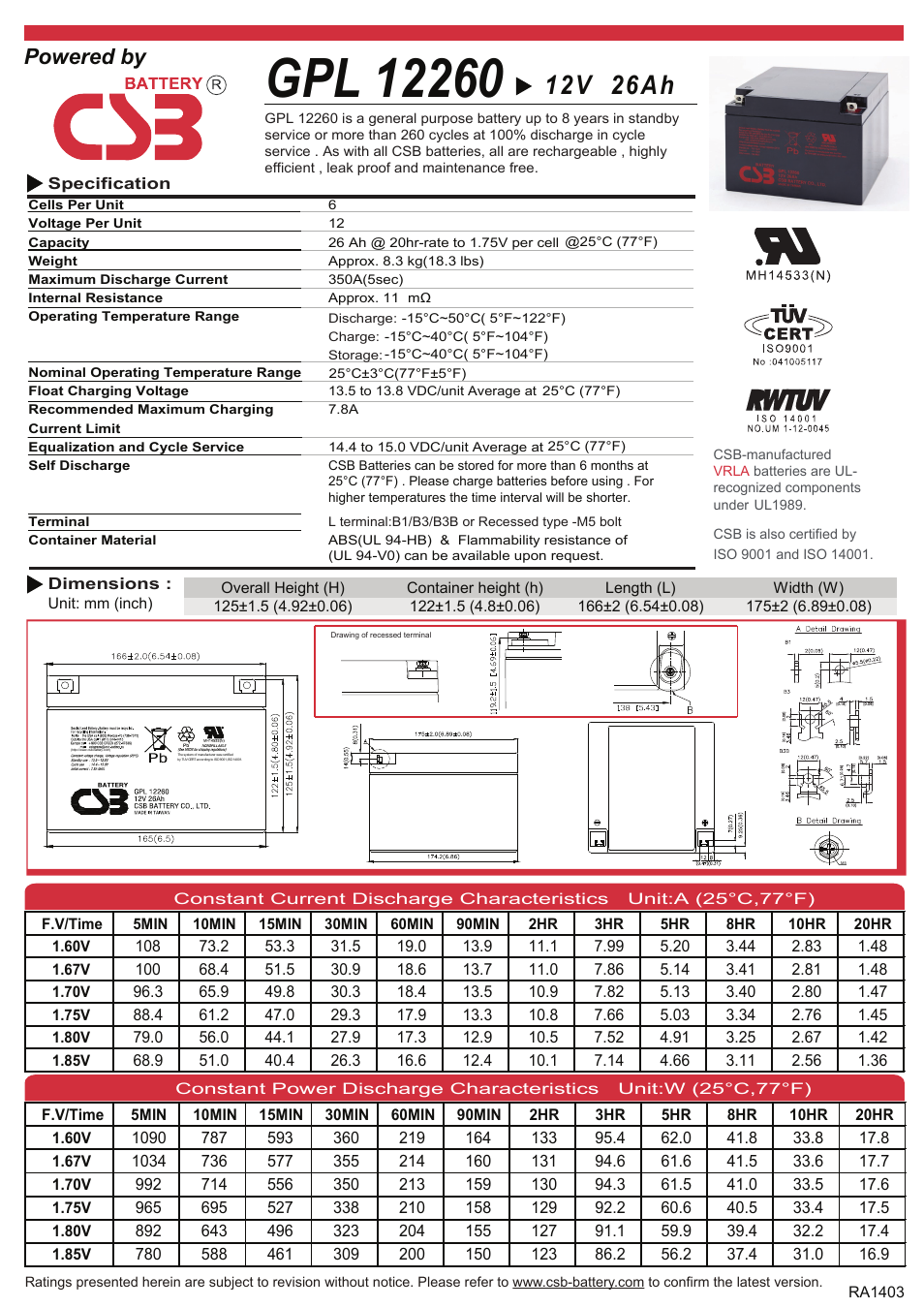 CSB Battery GPL12260 User Manual | 2 pages